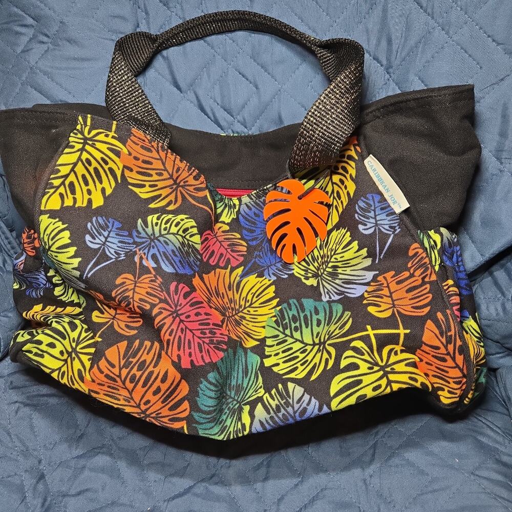 Caribbean Joe FLoral Hand Bag Canvas Black Metallic Strap Beach Bag 2 Cup Slots